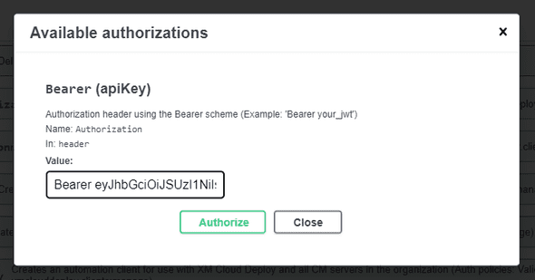 Authorize by pasting the value of the authorization header