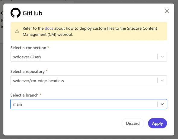 Connection, repos and branch selection